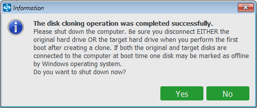 disk cloning operation is completed successfully