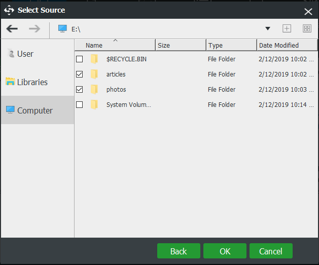 select files to back up