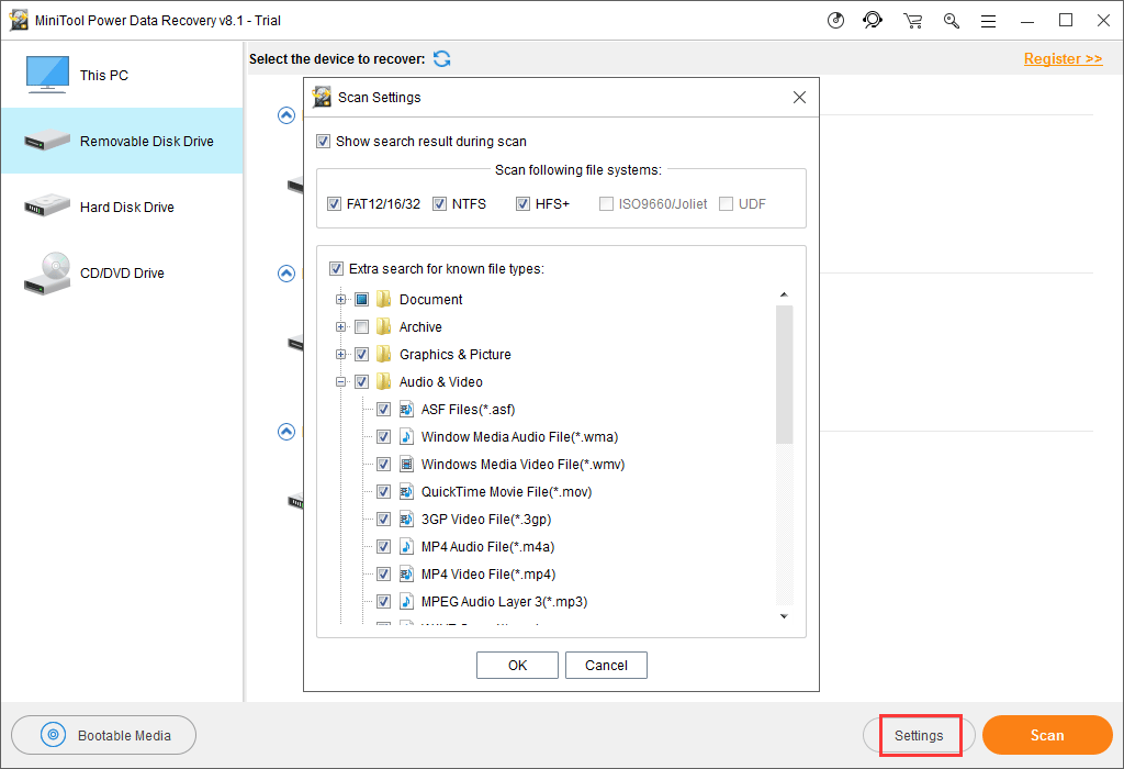 click on the Settings feature to make data type selections