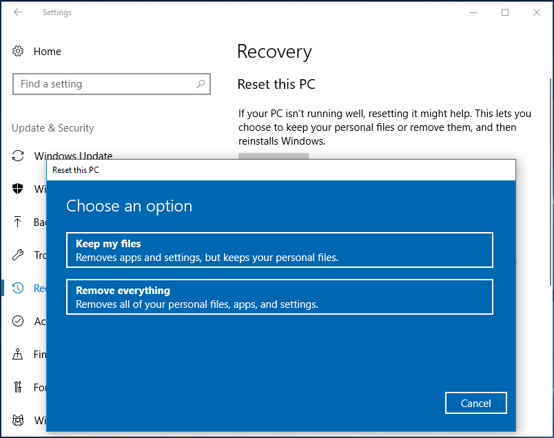 windows 10 reset this pc stuck spinning