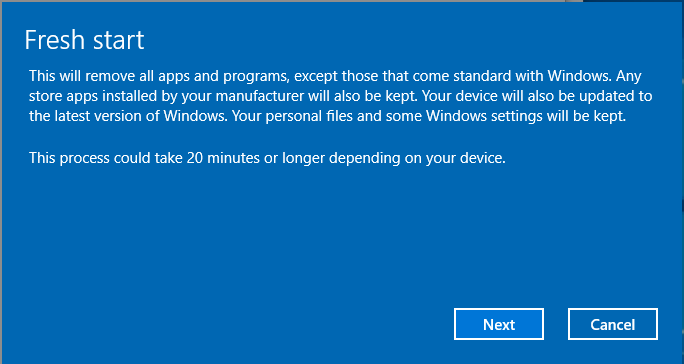 fresh start  Windows 10