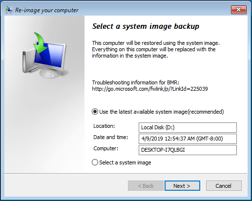 choose the latest system image or an image backup