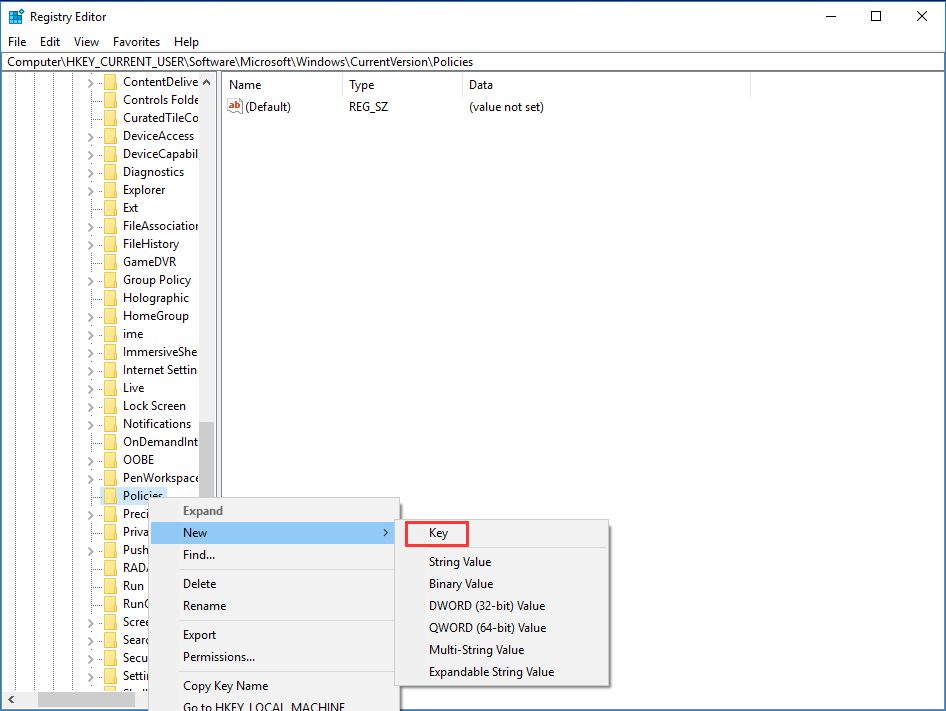 create new key under Policies in Registry