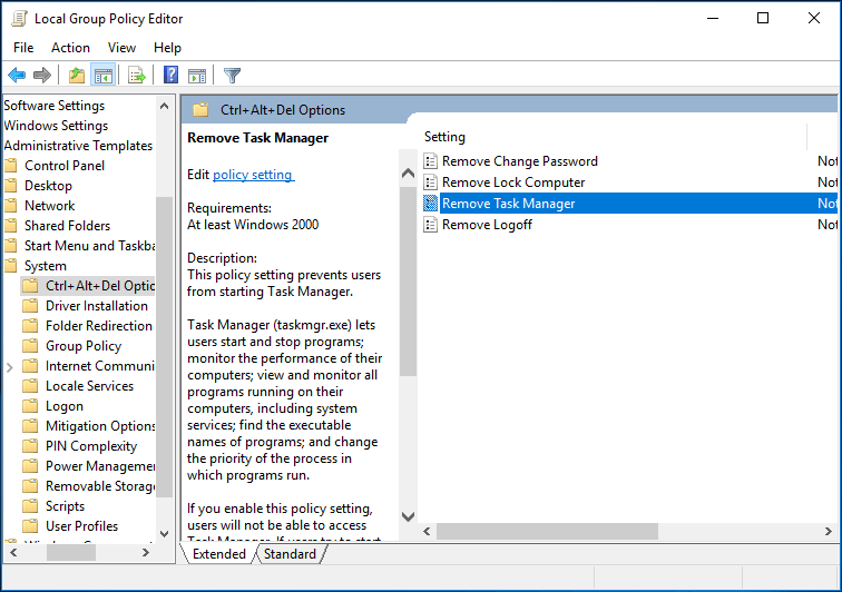 find remove task manager setting