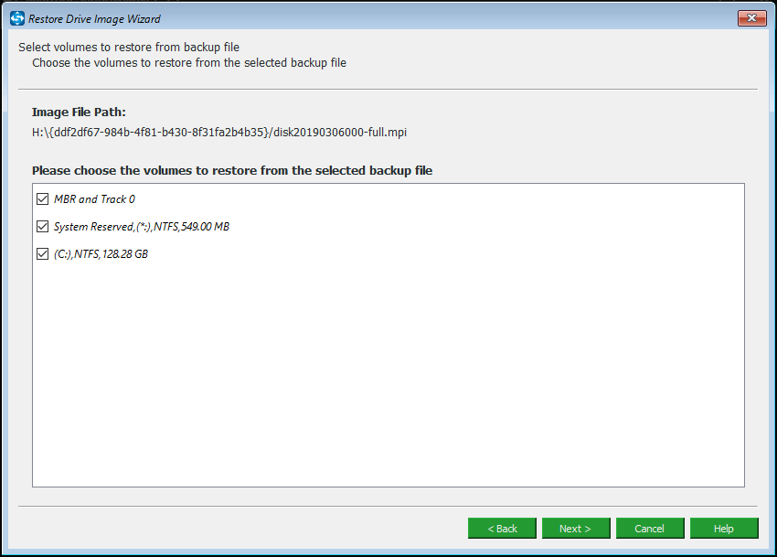 choose volumes to restore from selected backup file