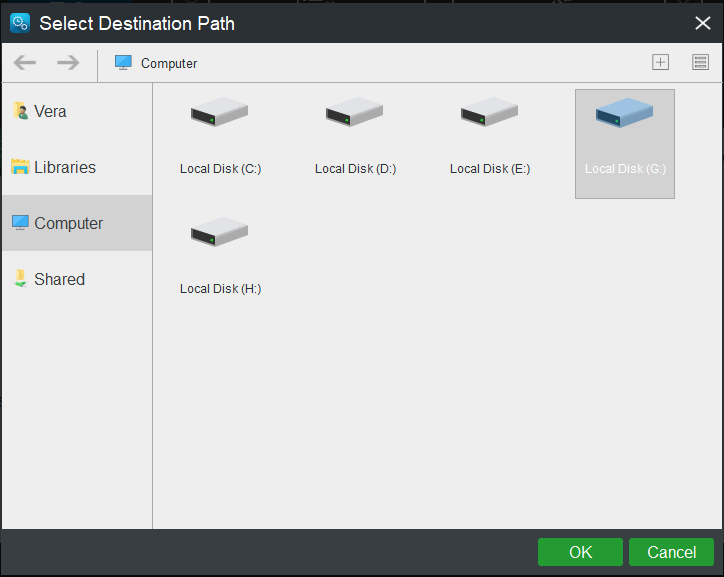 choose a destination path for backup image