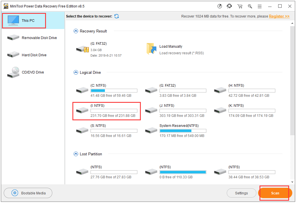 select a PC hard drive to scan for lost data