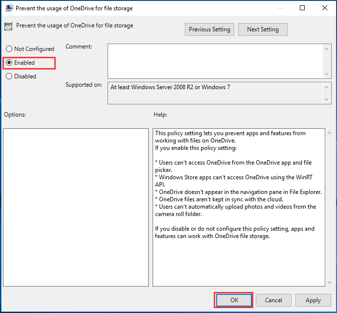 enable prevent the usage of OneDrive for file storage