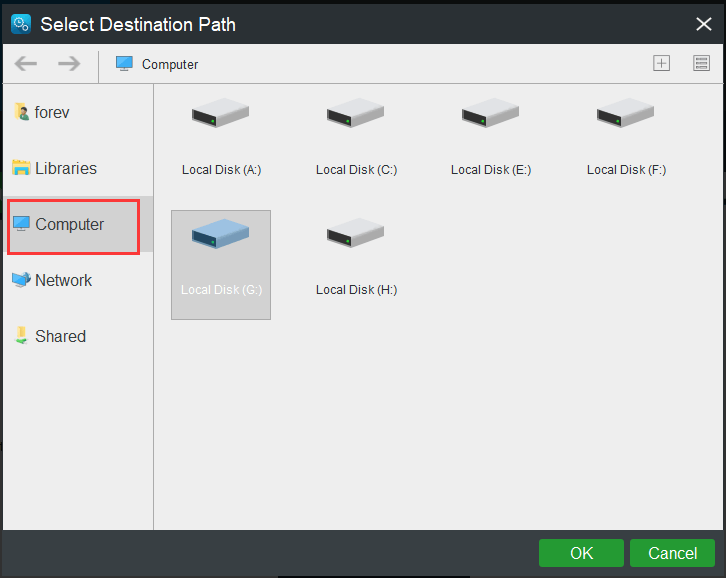 select computer as the destination path