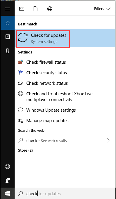 type check for update in Windows search box