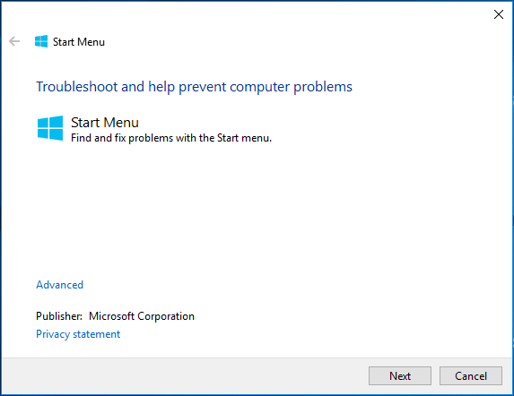 Windows start menu troubleshooter