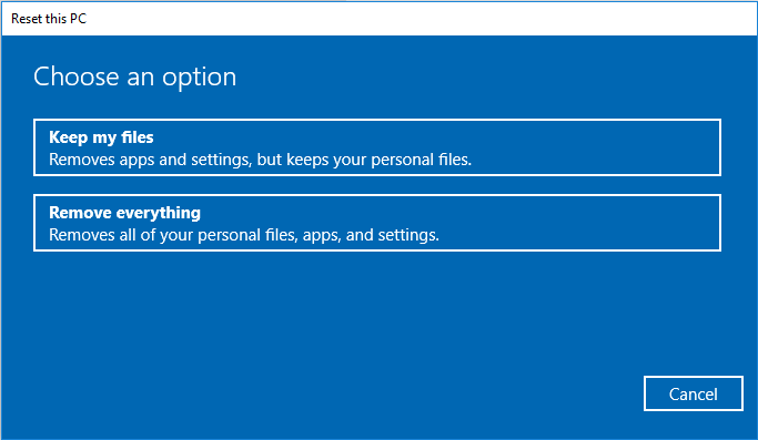 options of how to reset this PC