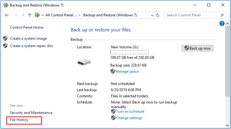 choose File History to continue 