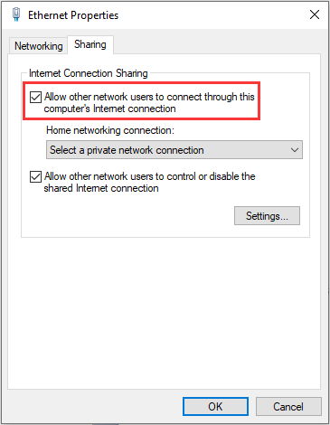 Allow other network users to connect through this computer's Internet connection