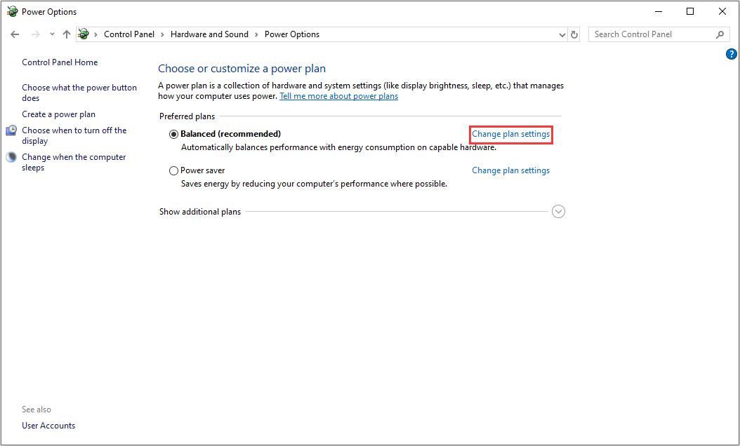 click Change plan settings on your active Power plan