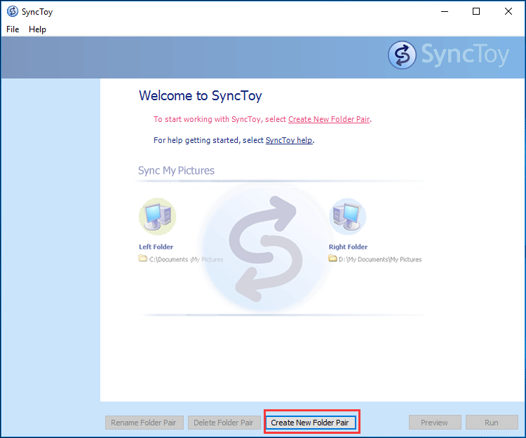 click the Create New Folder Pair button to go on folder sync