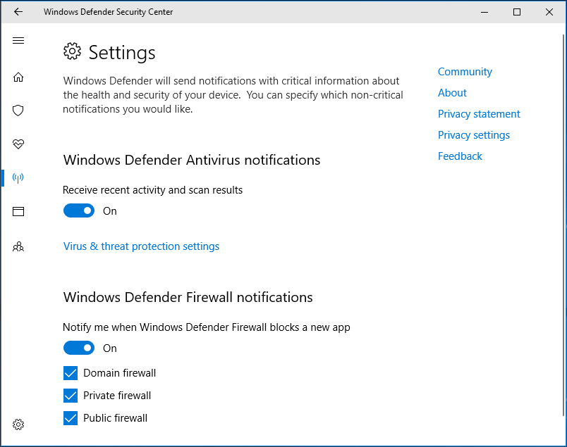 Променете известията на защитната стена на Windows Defender