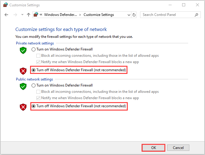 Vérifiez à la fois le pare-feu de défenseur Windows Off Off Windows non recommandé