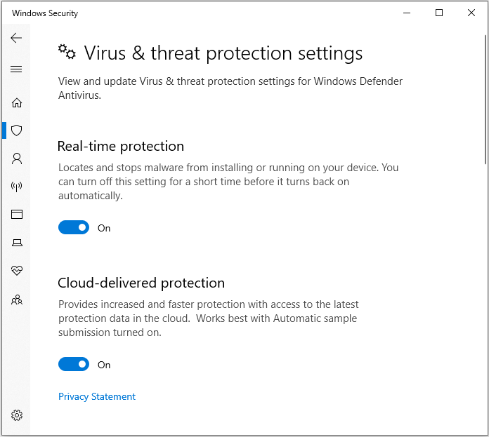 turn off Real-time protection on the Virus & threat protection settings page