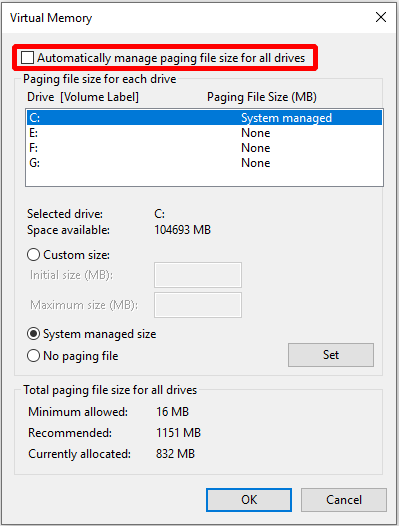 Uncheck Automatically manage paging file size for all drives