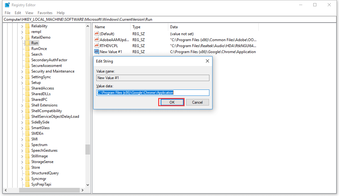 add path of the program to value data