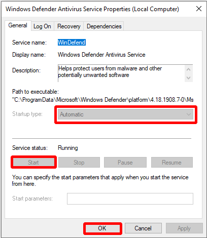 enable the Windows Defender Service