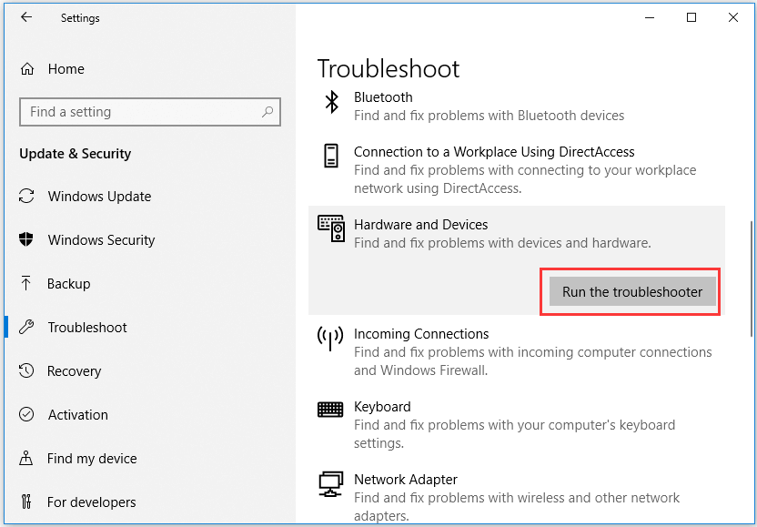 run Windows Hardware and Devices troubleshooter