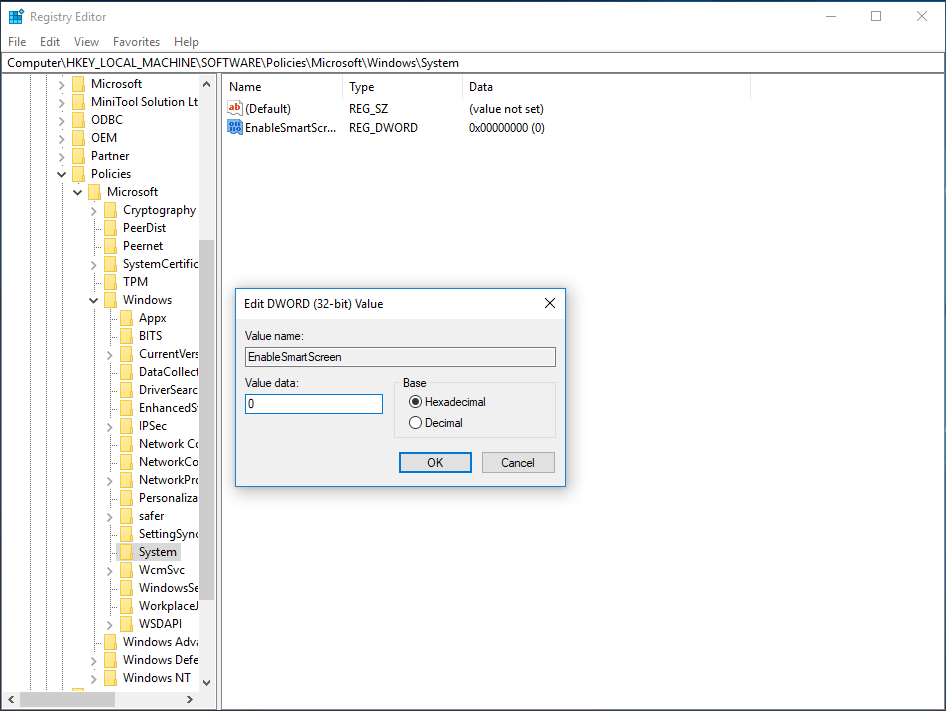enablesmartscreen registry key