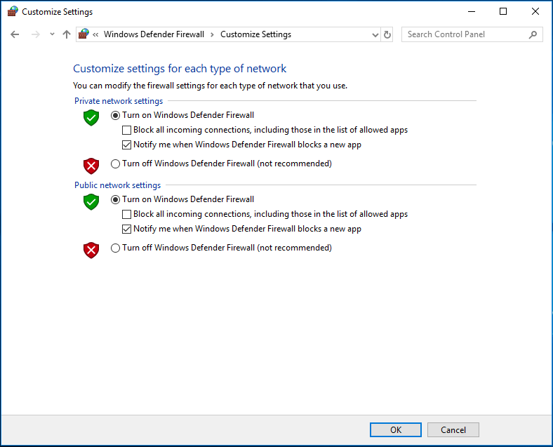 turn on Windows Defender Firewall 