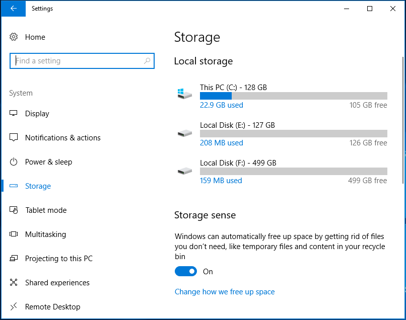 Storage sense in Windows 10