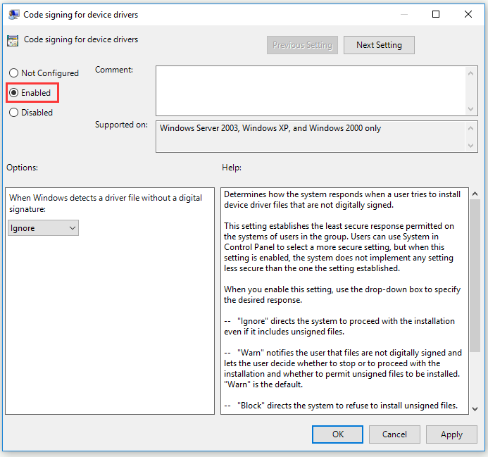 enable Code signing for device drivers