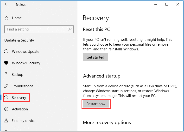 voer geavanceerde opties in Windows 10