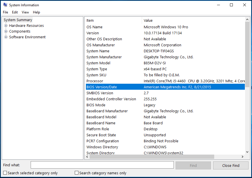 check BIOS Version in the System Information window