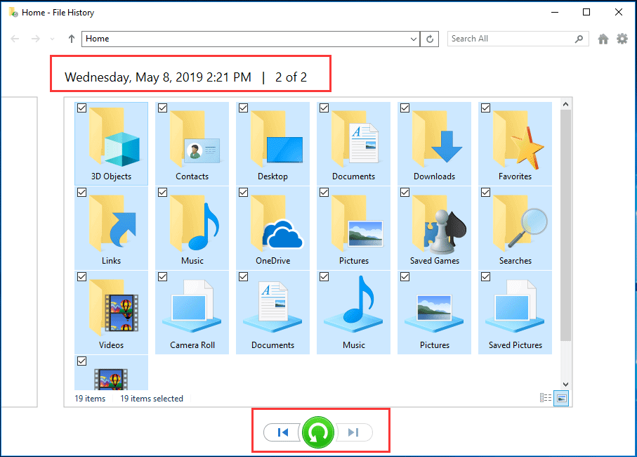 restore files from File History Windows 10