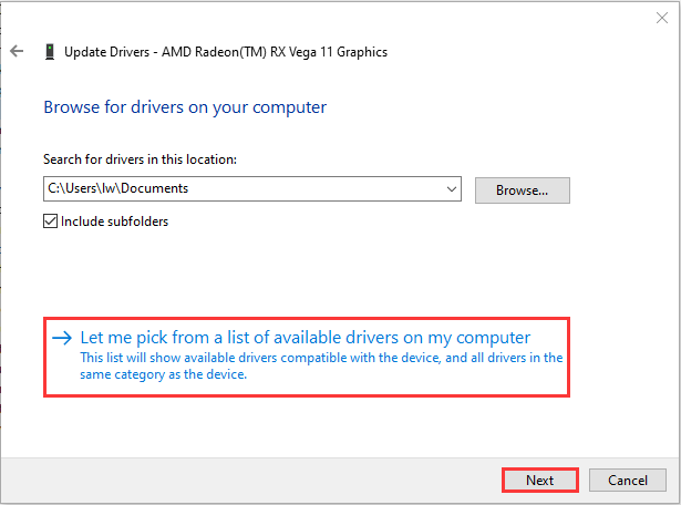 select Let me pick from a list of available drivers on my computer and click Next