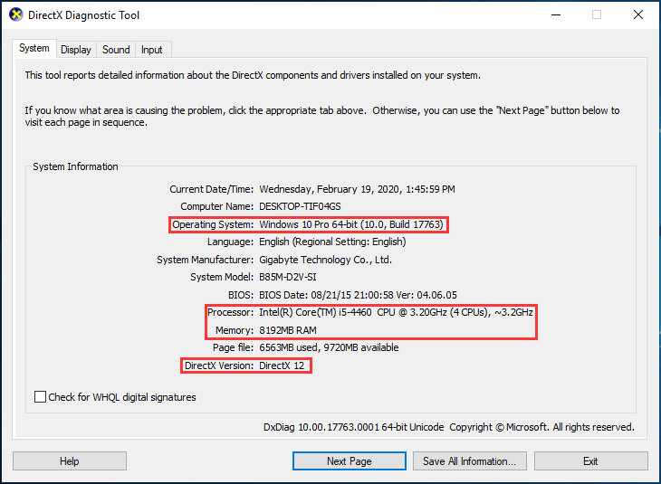 check system information with DirectX Diagnostic Tool