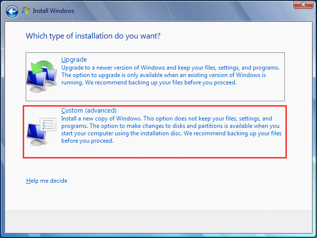 Custom install a new copy of Windows