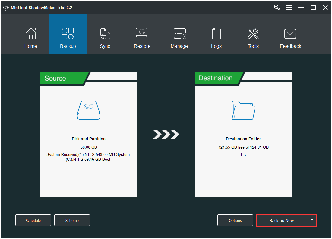 click Back up now to perform the task