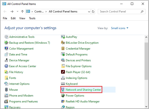 click Network and Sharing Center