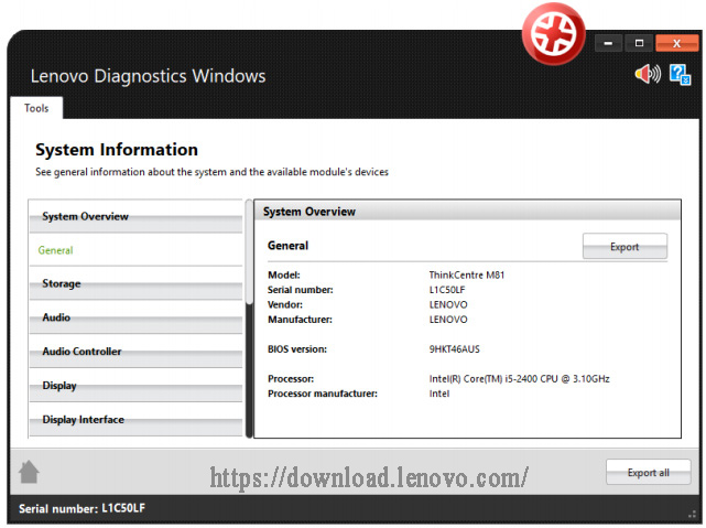 Lenovo diagnostics main screen online