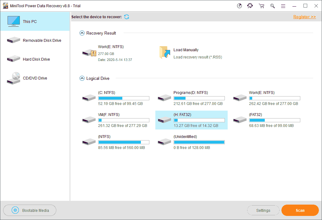 select the target drive to scan