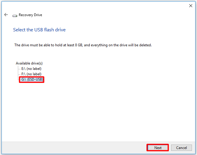select a USB falsh drive for the recovery drive and click next