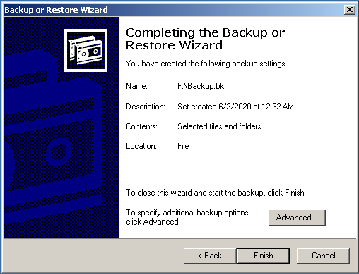 finish file backup using the built-in backup tool in XP