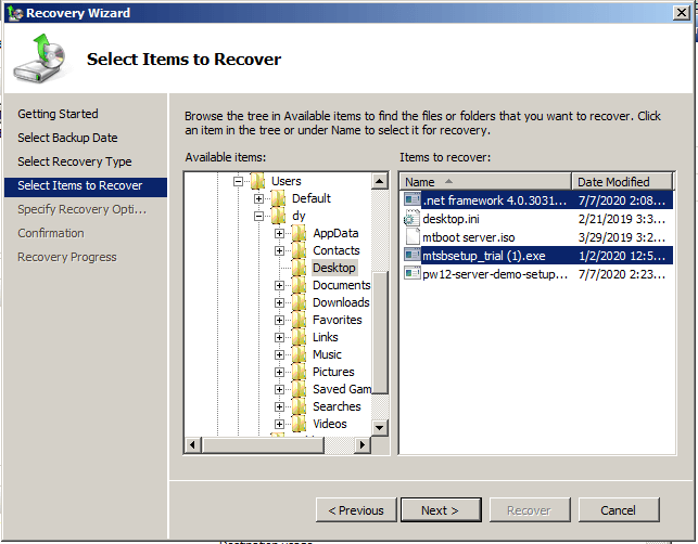 choose the files or folders to restore