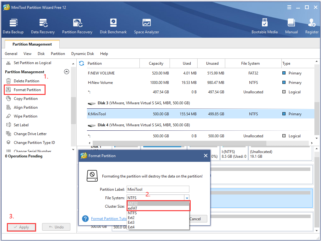 format USB to fat32 or exFAT using MiniTool Partition Wziard