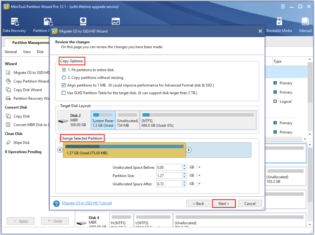choose copy options and partition size