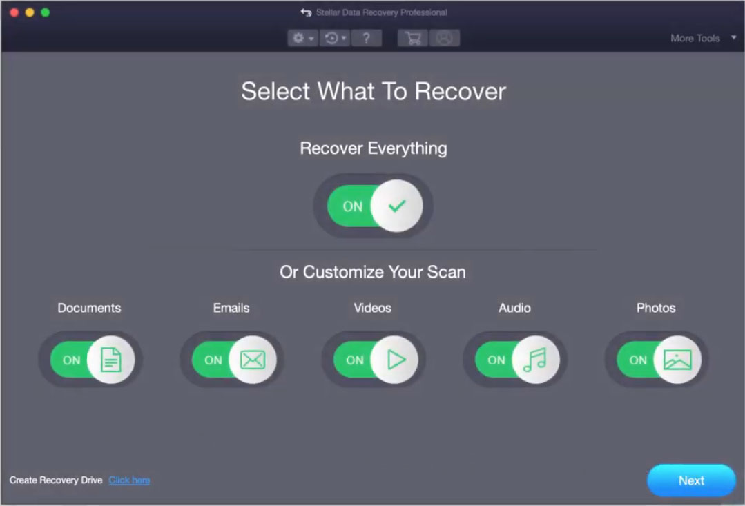select the data types you want to recover