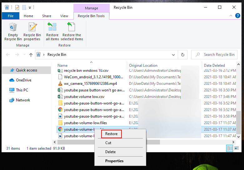 restore files from Recycle Bin