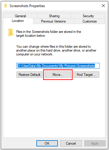 change the Windows 10 screenshots location