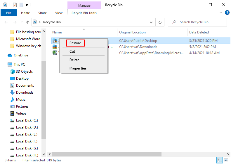 Restore files from Recycle Bin